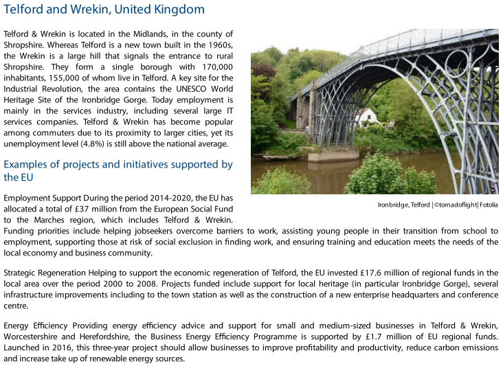 Telford and Wrekin:-Employment Support During the period 2014-2020, the EU has allocated a total of £37 million from the European Social Fund to the Marches region, which includes Telford & Wrekin.