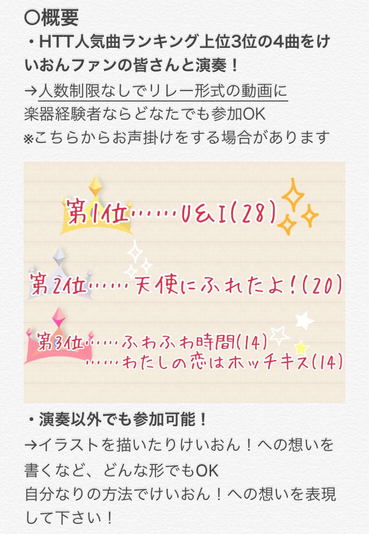 とむネコ ㅅ またまた演奏動画の企画です 今回は 昨日発表したhtt人気曲ランキング上位3位の4曲を けいおんファンの皆さんと演奏したいと考えています٩ ˊᗜˋ و さらに今回は演奏以外でも皆さんにぜひ参加して頂きたいと思っています ᴗ