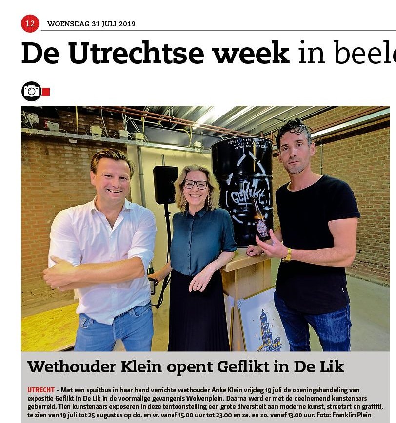 LTuziasm's tweet photo. In de krant! Wethouder @AnkeKlein opent expositie Geflikt in De Lik. Nog te zien tot 25 augustus. @stadsbladutr
#expositie #utrecht #geflikt #delik #kunst #art #ltuziasm #ankeklein #stadsblad https://t.co/3JVABF7Hhn