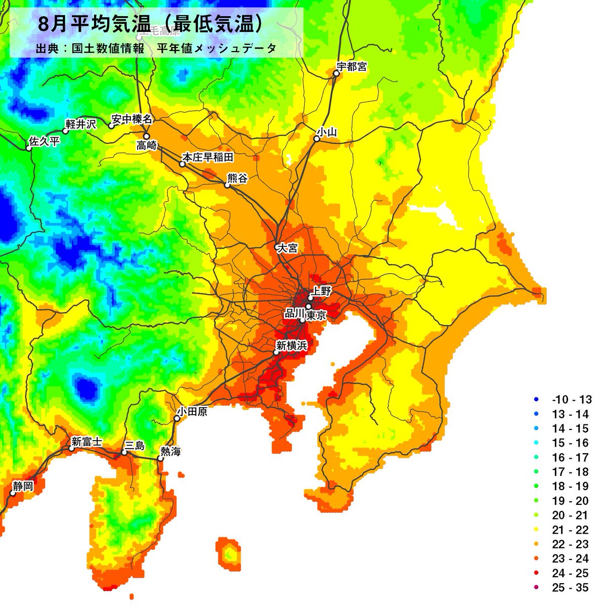 にゃんこそば データ可視化 Twitter પર 寝苦しい町 8月の日最低気温の平年値 1kmメッシュ を可視化 東京 名古屋の都心は24 台 大阪 神戸は25 台 ヒートアイランド効果が凄い 三大都市圏では高尾 多治見 三田あたりが 夜の涼しさ と 通勤時間 の