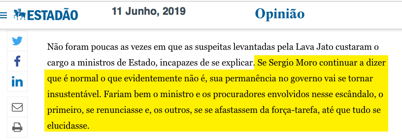 ggreenwald's tweet image. Vale a pena lembrar que o @Estadao - que passou quatro anos aplaudindo Moro, Deltan e LJ -, publicou um editorial *após nosso primeiro dia de revelações* defendendo que Moro se renunciasse e Deltan se afastassem. Pense em quanto mais foi revelado depois: opiniao.estadao.com.br/noticias/notas…