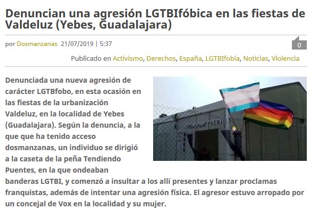 🔴 AGRESIÓN LGTBIfóbica: Ayer en fiestas de Valdeluz-Yebes un individuo insultó a les integrantes de 'Tendiendo Puentes' y punto violeta lanzando proclamas franquistas y además intentó una agresión física. Todo nuestro cariño a les compañeres. INADMISIBLE!
dosmanzanas.com/2019/07/denunc…