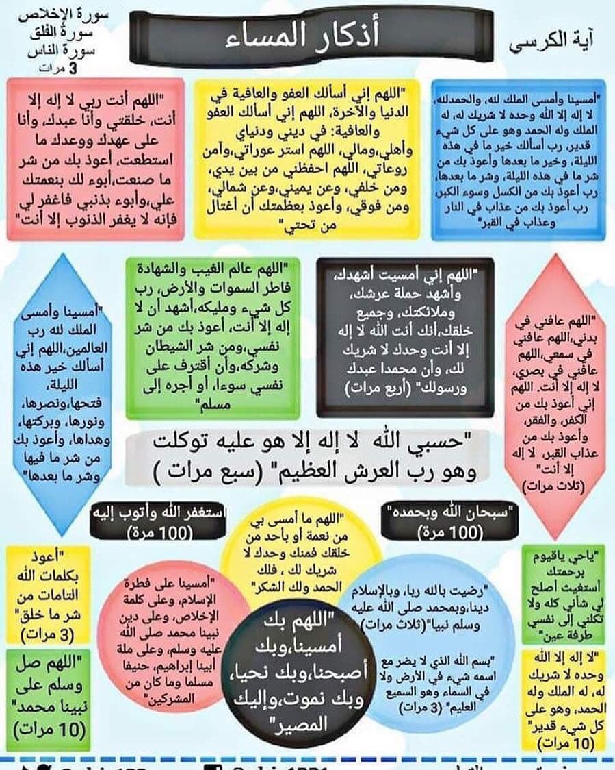 (أَمْسَيْنَا وَأَمْسَى الْمُلْكُ لِله وَالْحَمْدُ لِلَّهِ لاَ إِلَهَ إِلاَّ اللَّهُ وَحْدَهُ لاَشَرِيكَ لَهُ) صحيح مسلم  ، أذكارالمساء