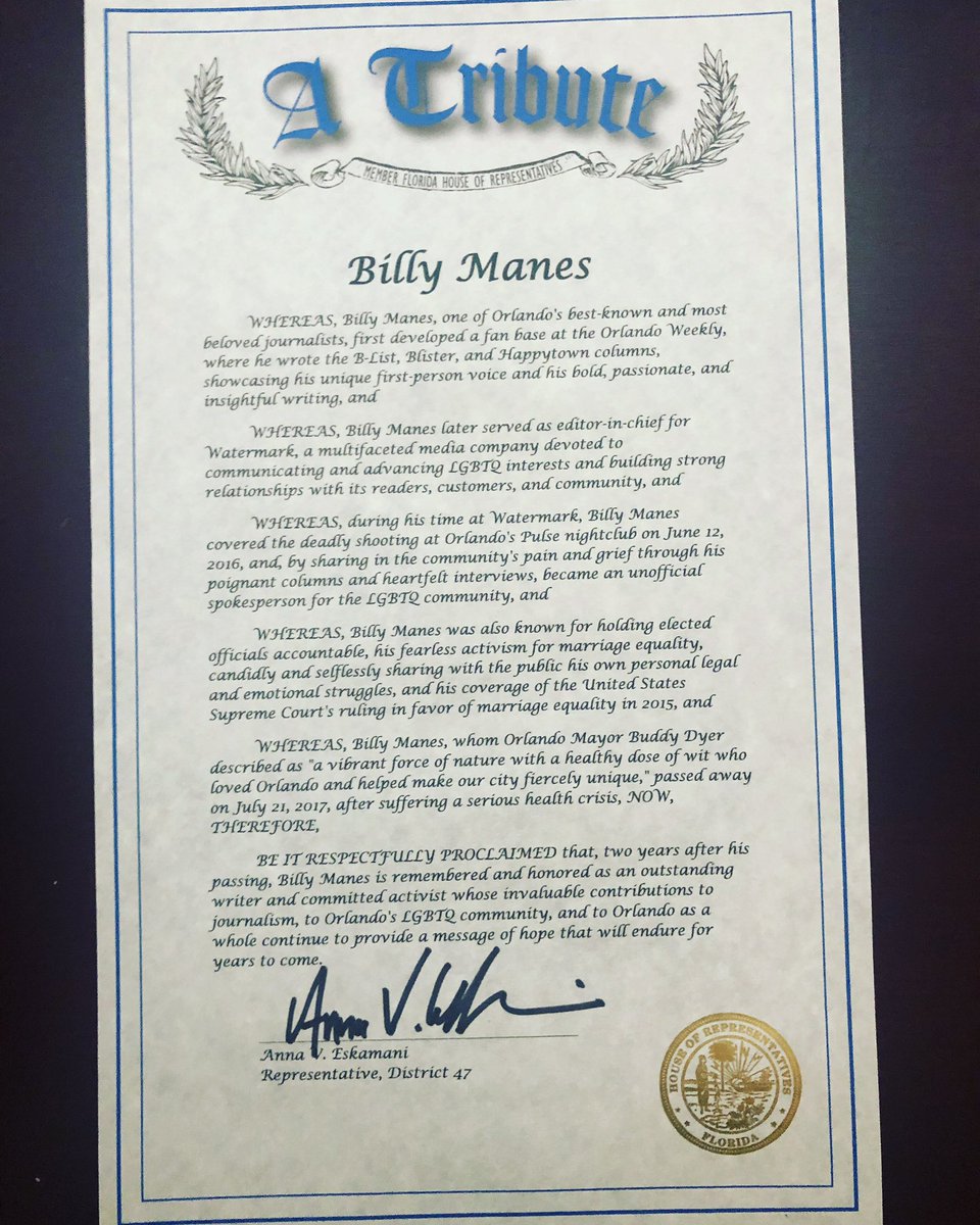 AnnaForFlorida's tweet photo. Today marks the two year passing of the one & only Billy Manes. Our office has issued a tribute in his honor. We miss and love you Billy. #BeTheBilly https://t.co/RTKmGksHt2
