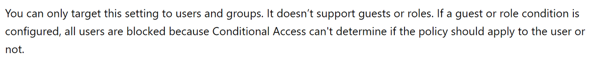 claus_jespersen's tweet photo. Having issues with a #CA rule that includes policies for @azuread Directory Roles. It blocks all #ActiveSync users using #CBA as #ActiveSync is not excluded. It is documented as shown below, but I thought I saw we had removed this limitation. Investigating https://t.co/UYNYiqYECm https://t.co/CvfTTbXIb7