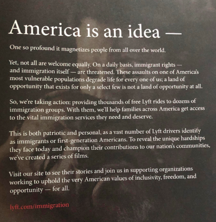 migrant_mothers's tweet photo. "America is an idea, not a geography." Have you seen @lyft's recently launched immigration campaign? It's great to see more and more private entities supporting this cause, despite the US administration's battle! Great ad campaign in this weekend's @nytimes magazine. https://t.co/s6zRmtSGyi