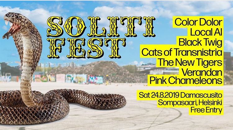 aleksipahkala's tweet image. Elokuun 24. päivä järjestetään Helsingin Sompasaaressa maan mainio Soliti Fest, jossa esiintyy ilmaiseksi 7 kotimaista helmeä: @ColorDolor @LocalAl2 @blacktwigmusic @CatsOfTrans @thenewtigers Verandan ja Pink Chameleons. @Solitimusic #solitifest