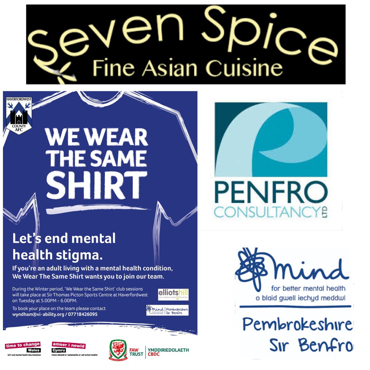 Today the We Wear the Same Shirt football team are playing a friendly game of football against the staff from Seven Spice Indian Restaurant at Pembroke Leisure Centre to support people with mental health
#itsgoodtotalk #letfootballhelp ⚽️🔵