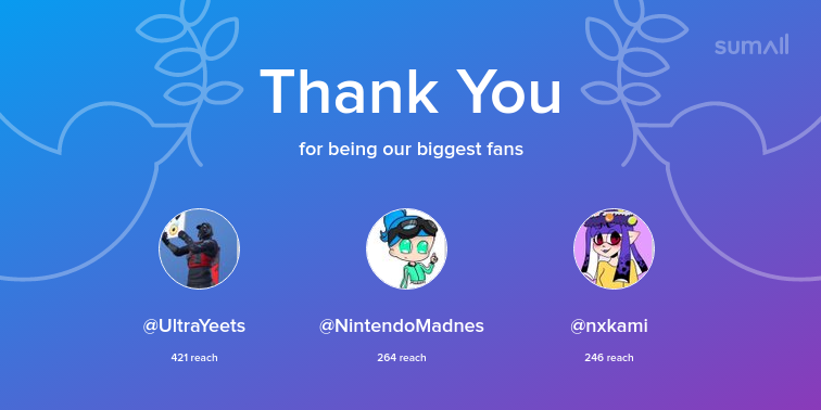 TeeeelT's tweet photo. Our biggest fans this week: UltraYeets, NintendoMadnes, nxkami. Thank you! via https://t.co/BWb6Z6p9SA https://t.co/I21GCzr4vV