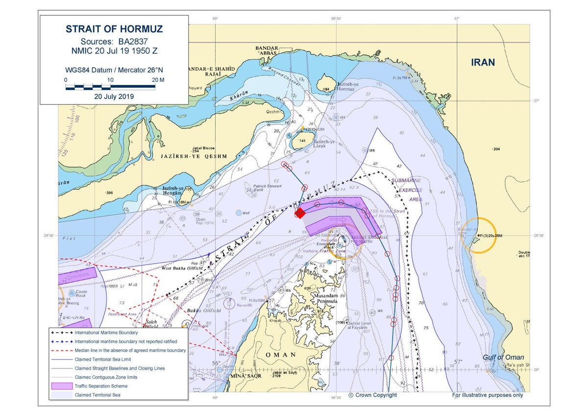 transportgovuk's tweet photo. This map shows the Stena Impero was in Omani Territorial Sea when it was intercepted by Iranian forces. 

Blue Line: Route SI was taking on Friday as it transited through the Strait of Hormuz. 

Red Square: Location SI was intercepted, boarded and re-routed into Iranian Water. https://t.co/kXrgzYoaQ0
