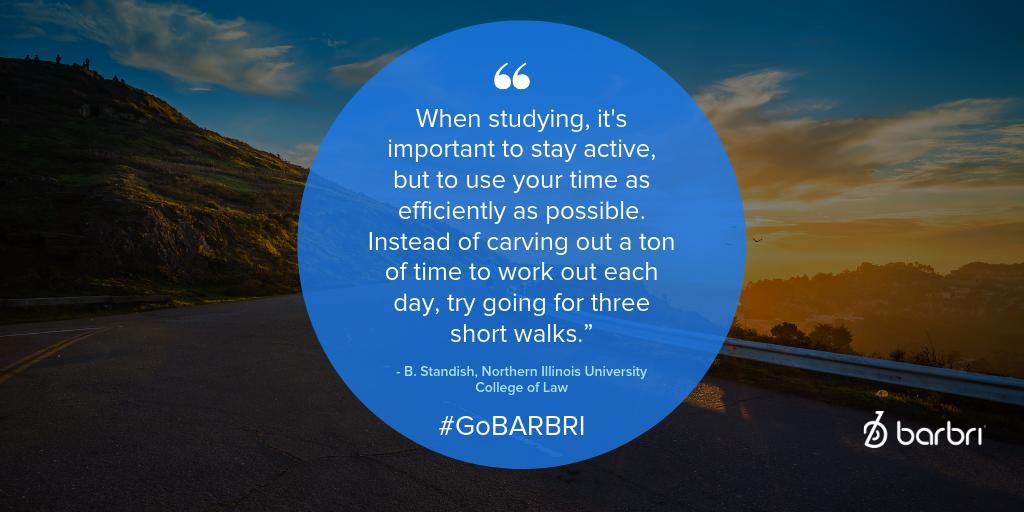 barbri's tweet photo. “When studying, it's important to stay active but to use your time as efficiently as possible. Instead of carving out a ton of time to work out each day, try going for three short walks.” 

- B. Standish, Northern Illinois Univ. College of Law
.
.

#GoBARBRI #BarExamTips https://t.co/yc5ZltWurt