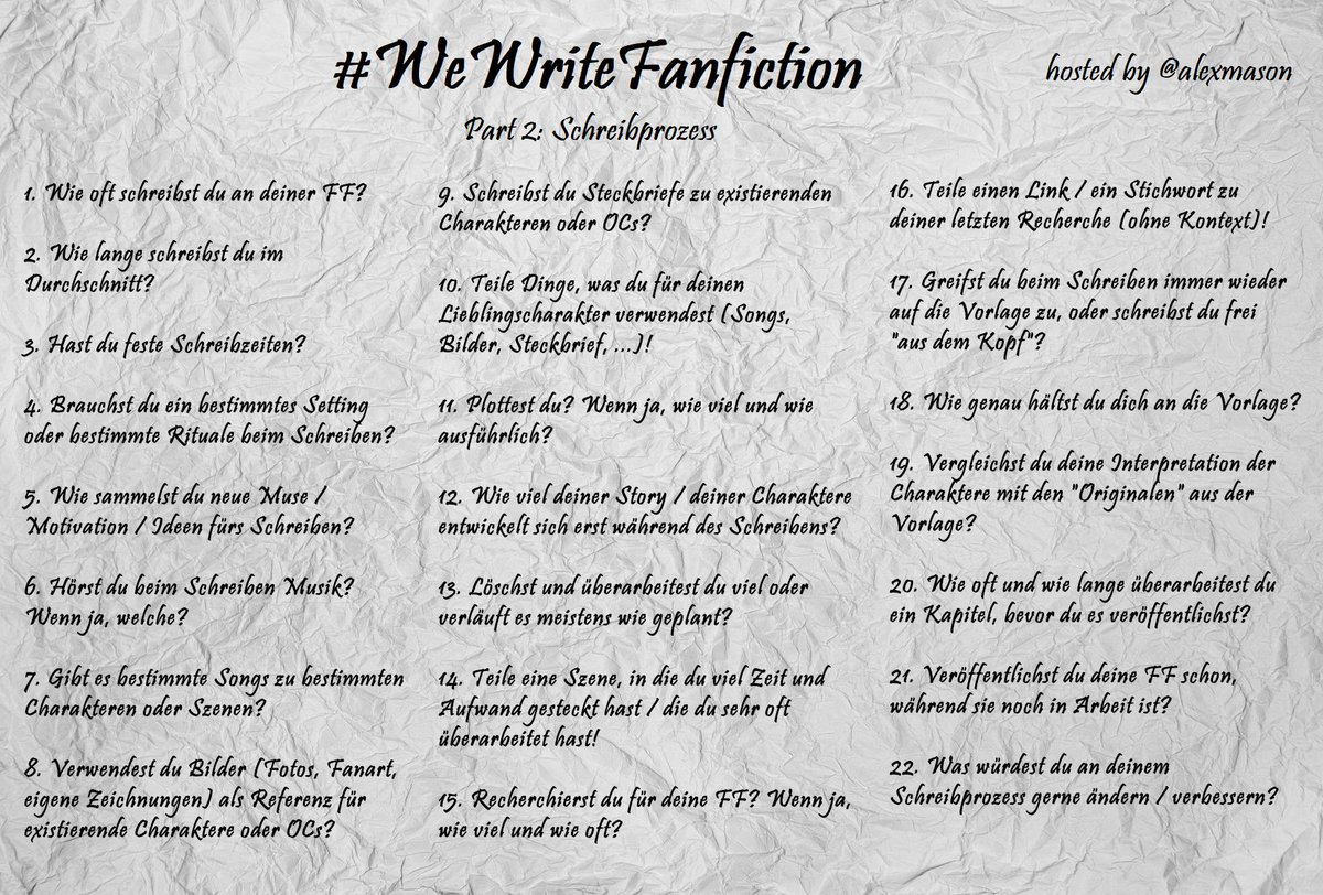 alexmasonFF's tweet photo. Es ist soweit!😁
#WeWriteFanfiction geht in die zweite Runde😊

Dieses Mal geht es um den Schreibprozess hinter euren Fanfictions.

Vielen Dank nochmal an @SerenityACarter für Input zu den Fragen und @mamampf für Feedback und Verbesserungstipps😊

Bei mir gilt: 1 Like = 1 Antwort https://t.co/FJwi2u66wF