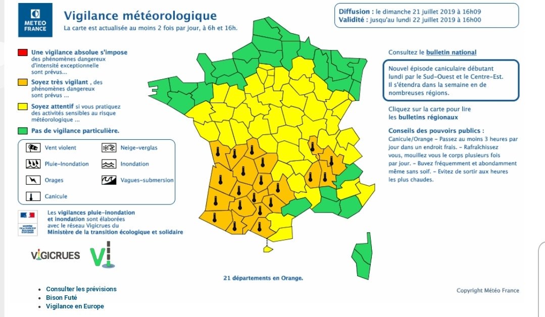 #Canicule : Acte 2 !

C'est parti avec 21 départements qui ouvrent le bal de ce nouvel épisode. Jusqu'à 40 prévus au maximum de l'épisode.

#météo #chaleur #soleil #VigilanceOrange