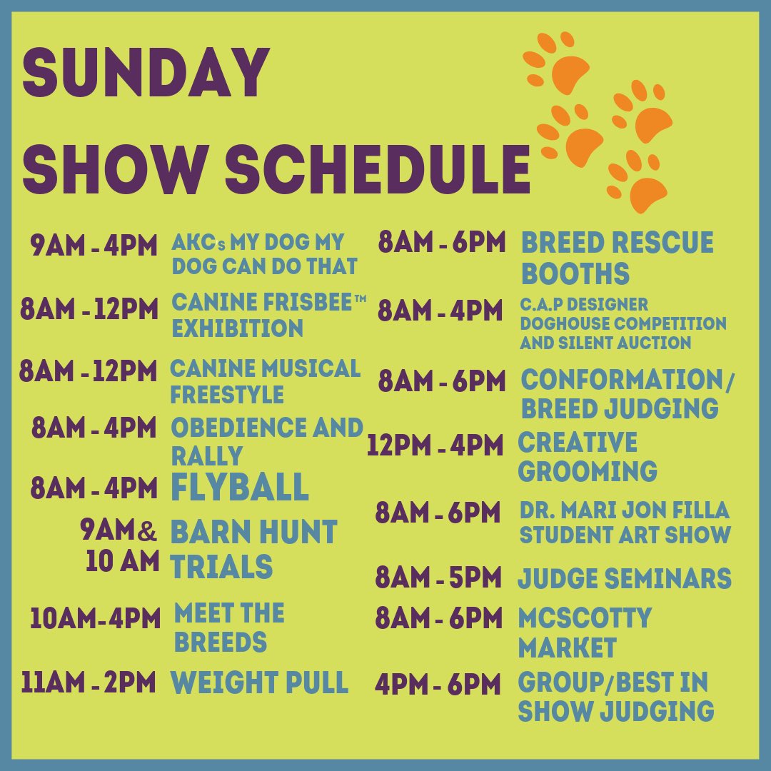 DAY 5 Show Schedule! Final day of the #houstonworldseriesofdogshows2019! Creative Grooming is today and you won’t want to miss it! See you there! 🐾 
#comesitstay #houstondogshows2019