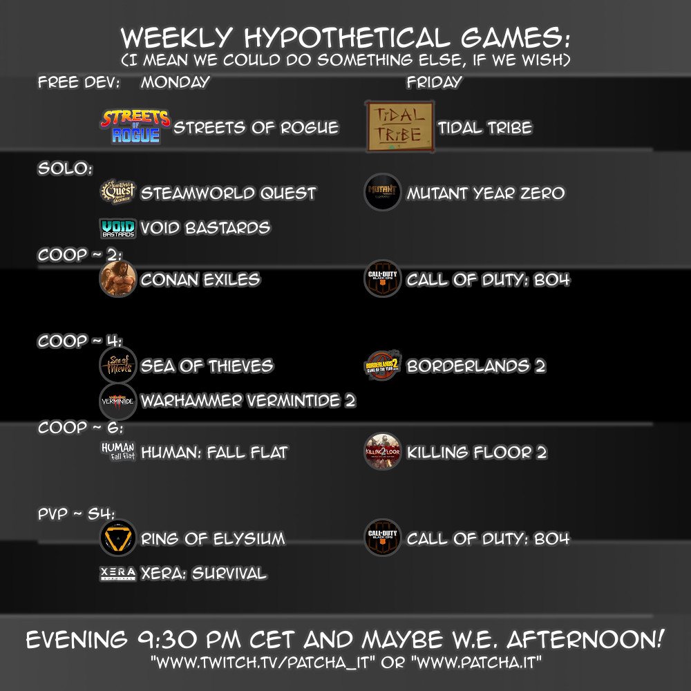 Patcha_ita's tweet photo. Schedule 2019/07/22
https://t.co/uSsJEFlaj1
21:30 - 00:30 CET.
#twitch #twitchitalia #schedule #defendthekeep #surviveonraft #SWQuest #mutantyearzero #myzroadtoeden #voidbastards #conanexiles #vermintide2 #SeaofThieves #borderlands2 #humanfallflat #KillingFloor2 #ringofelysium https://t.co/QbyPx26DPN