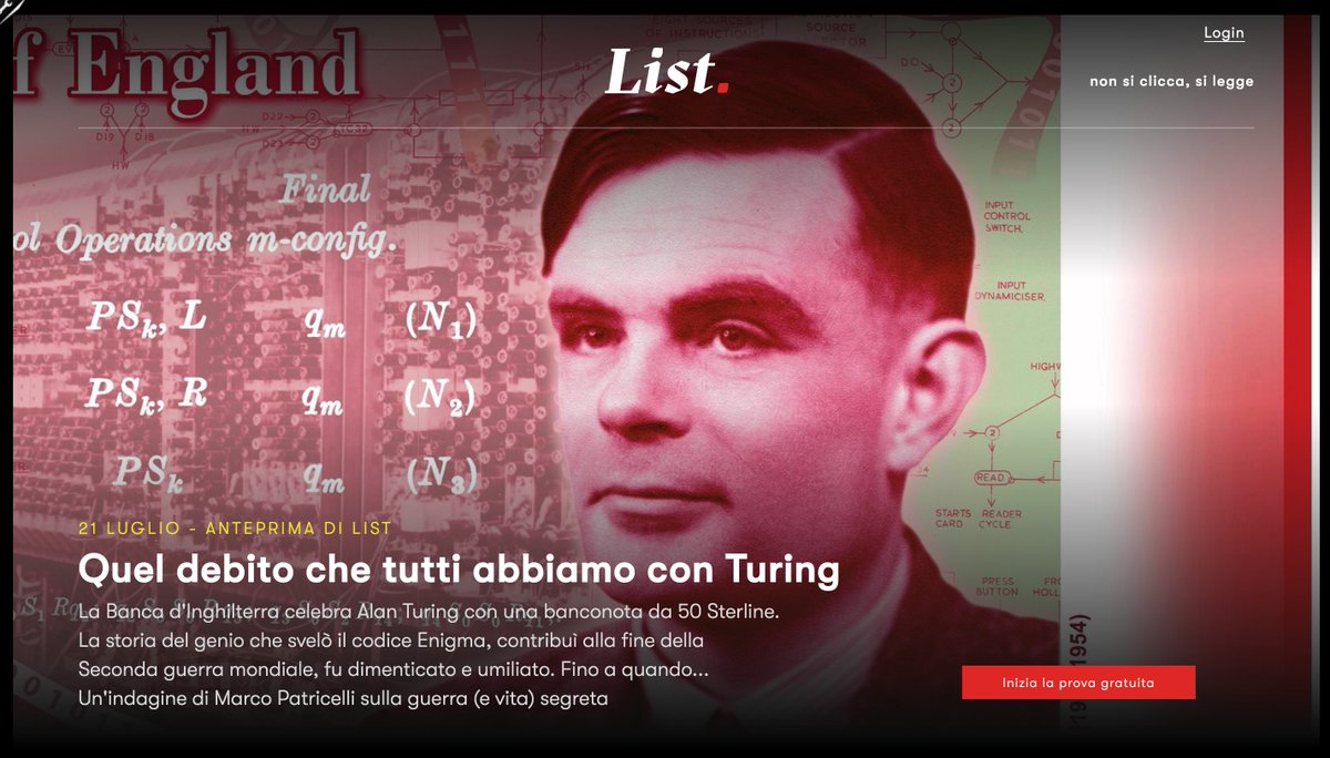 masechi's tweet photo. Quel debito che tutti abbiamo con Turing #WeekList
La Banca d'Inghilterra celebra Alan Turing con una banconota da 50 Sterline. Un'indagine di Marco Patricelli sulla guerra (e la vita) segreta #21luglio Iscriviti #List 👉 https://t.co/47mDBHAWdq https://t.co/MlOjqY7fTt