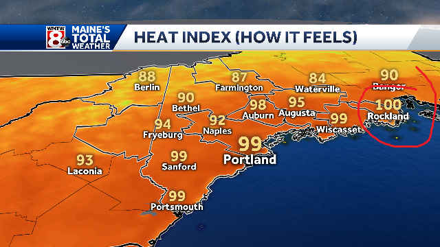 SarahLongWMTW's tweet photo. This is what a stiff west wind will do - check out Rockland, the hottest index on the map 🔥

#heat #maine #wmtw #rockland https://t.co/zdCtca6V3f