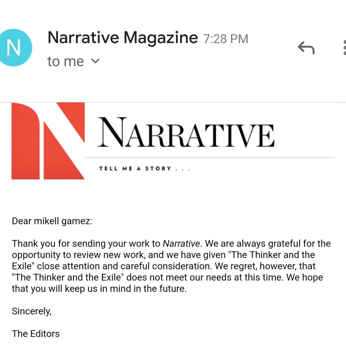 AnthonyGamez47's tweet photo. First official rejection!
I believe it was Lawrence Olivier who once said, "Fuck those motherfuckers . . . And try again later." But I may be wrong. #amwriting #WritingCommunity #firstrejection #reject #keeptrying #ohthepain https://t.co/Xw8mKilKDT
