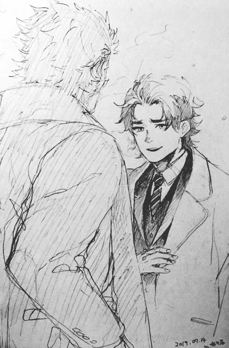 遅れて自慢なんですけど、パイセン
@takanotakanoh にバロみき描いてもらったんですよ!!見て!!このドラマチックな2人!!お仕着せられてちょっと戸惑ってる山小屋のみきお!!めちゃくちゃかわいい!!バロウズさんのガタイのいい背中イケメンすぎません??最高…抱いてほしい…(みきおを) 