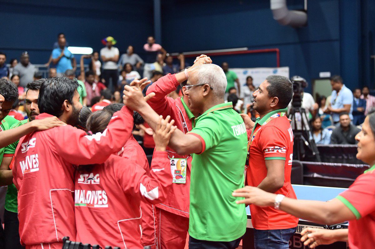 presidencymv's tweet photo. President @ibusolih and First Lady observes Women’s Table Tennis matches between #Maldives and other Countries 

Congratulations #Maldives Women's team on attaining a gold medal in Table Tennis https://t.co/dtcXKRDWob