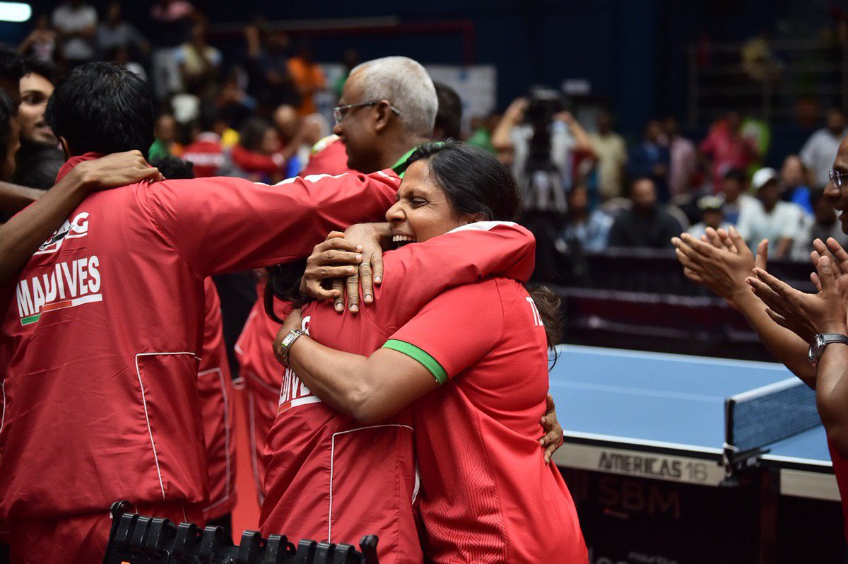 presidencymv's tweet photo. President @ibusolih and First Lady observes Women’s Table Tennis matches between #Maldives and other Countries 

Congratulations #Maldives Women's team on attaining a gold medal in Table Tennis https://t.co/dtcXKRDWob