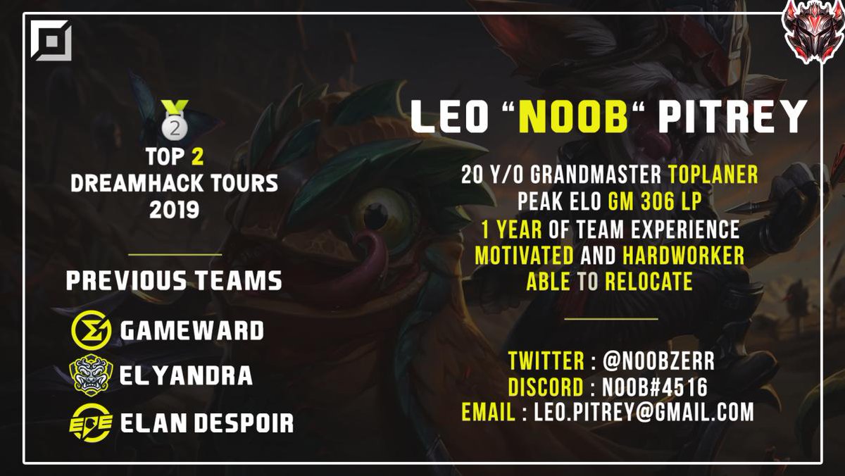 Noobzerrr's tweet image. Hello guys, i'm now officially LFT. I'm looking for any national leagues or OTF. RT's/likes are really appreciated !
My DM are open. Mucho love &amp;lt;3
Thanks to my bro @cruxm4n for the LFT banner !

My opgg profile : euw.op.gg/summoner/userN…