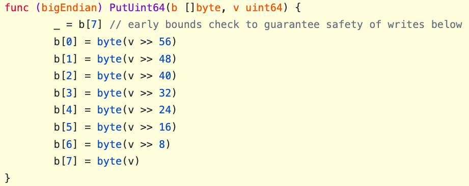 shumon_84's tweet image. encoding/binaryを読んでたら変なテクを発見した
Go言語で、関数のはじめで関数内で使う最大の添字でアクセスしてblank indentifyで受けておくと、コンパイラが境界値チェックを省けるので高速になる
黒魔術的知見だ......
github.com/golang/go/blob…