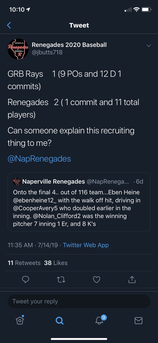 Last week, .<a href="/jbutts718/">Jay Butler</a> criticized our commitments and “needed help” understanding recruiting. 

Today, Rays serve up a 12-1 win vs .<a href="/NapRenegades/">Naperville Renegades</a>. 

Our “Vandy” commit punched out 8, &amp; our “Clemson” commit hit 4 the cycle. Soon 2 be fully committed team moves on

#RaysYourGame