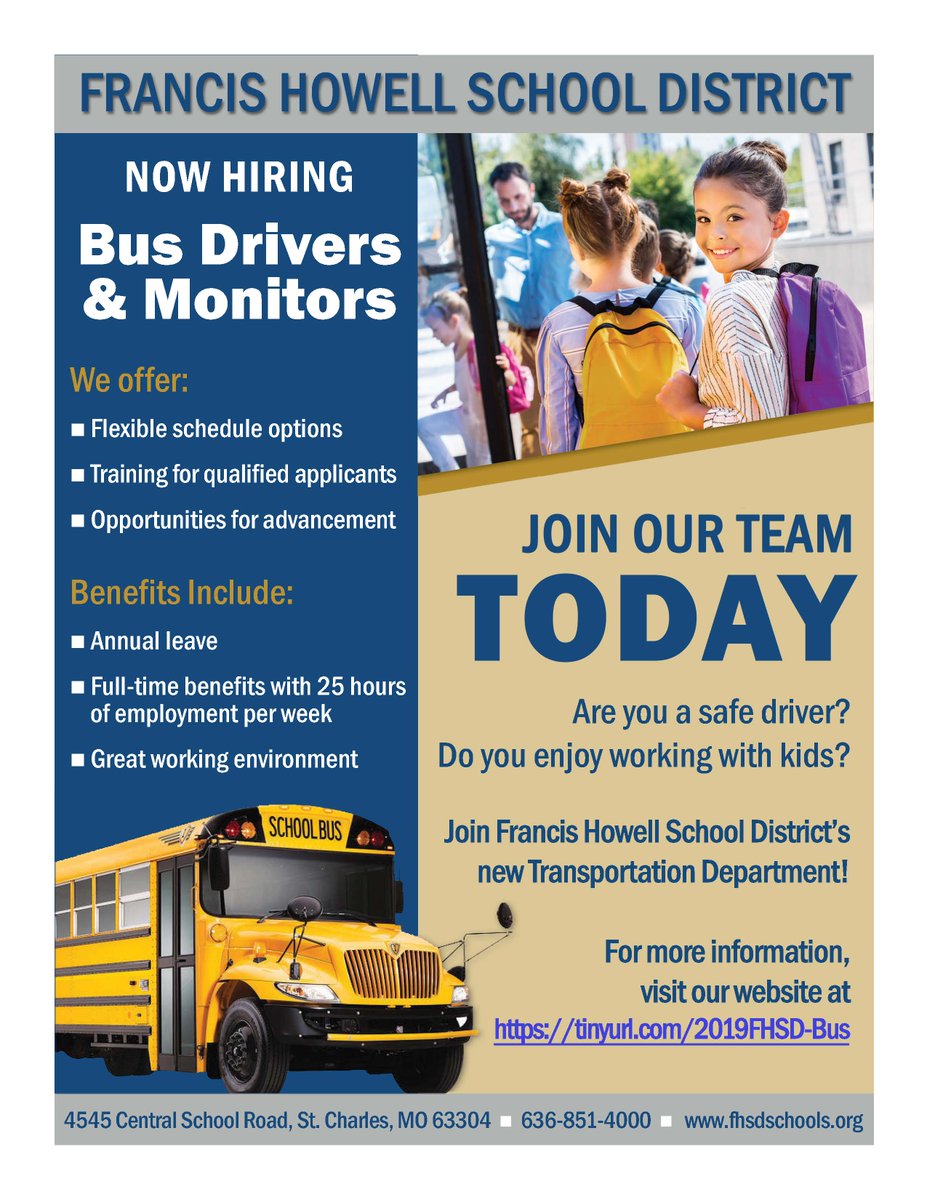NOW HIRING: FHSD is hiring Bus Drivers and Bus Monitors to help safely transport students to school each day. We offer flexible schedule options, training for qualified applicants, and opportunities for advancement. See flyer for more info apply online: bit.ly/2JHsz3w