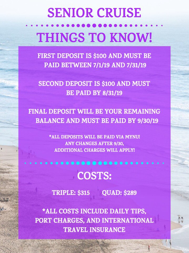 🛳🚨HEY SENIORS!!🚨🛳
Don’t forget to make your first payment for the SENIOR CRUISE! The first deposit is due JULY 31!
🌴
RT to remind your friends!!!