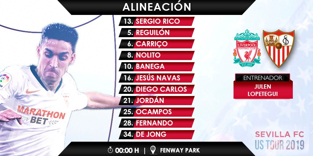 SevillaFC's tweet photo. 🆕 Este será el XI que iniciará en @fenwaypark frente al @LFC: Sergio Rico, Jesús Navas, Diego Carlos, Carriço, Reguilón, Fernando, Jordán, Banega, Ocampos, Nolito y De Jong.
#WeareSevilla #SevillaFCUSTour https://t.co/w00EHTg8fH