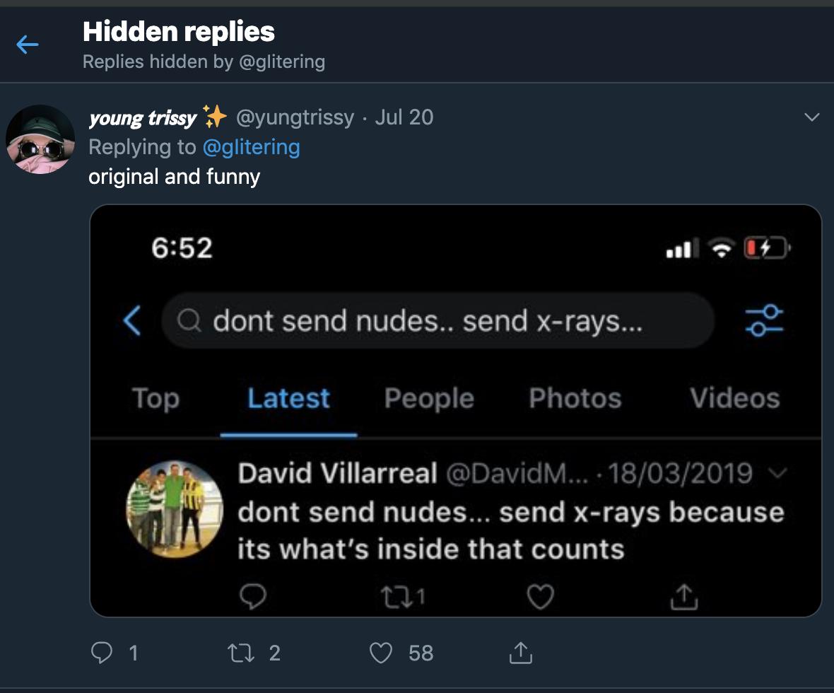 memeauthority's tweet photo. Not only is this account ( @gIitering ) stealing tweets, they are also using the hide replies feature to suppress people who call them out ! This feature has GOT to go @jack, along with the deck accounts ! 👩‍⚖️ https://t.co/JogRD7qHK0