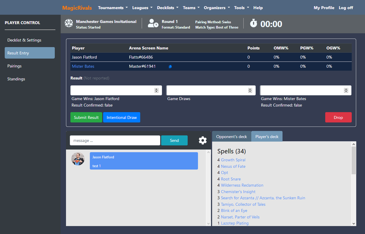 flattsware's tweet photo. The player controller is 100% done, including result entry, player chat, decklist submission, etc. Getting very close to running the first prototype #magicarena tournament. #MagicRivals https://t.co/B7lAiPairY