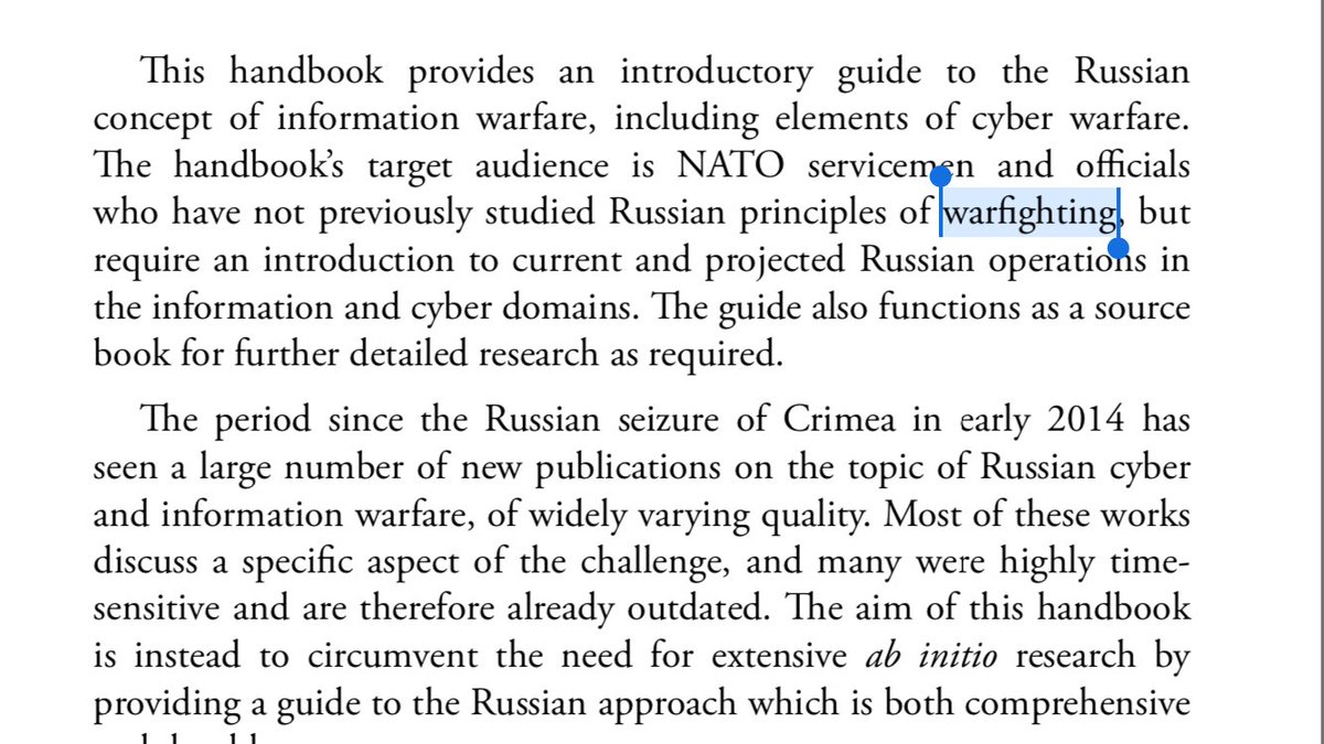 1/ A NEW KIND OF WAR: The handbook, primarily based on Russian sources, was published by  @NATO_DefCollege and brilliantly written by  @KeirGiles who is adept at relaying complex matter simply, succinctly and comprehensively.Below is his intro to “warfighting.”