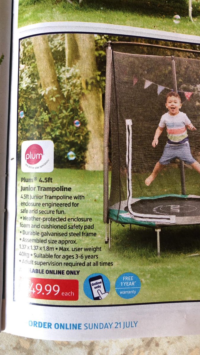 k_silkstone's tweet photo. @aldiuk please can you let me know if the 4.5ft junior trampoline is available to pre-order online? Can only see one that’s 10ft. Thanks. https://t.co/CGbJh5derN