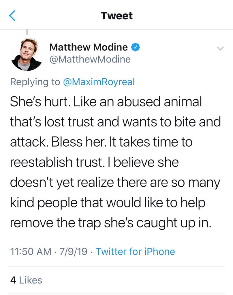 bertiladamas's tweet photo. @SarahAnnMasse @MatthewModine @sagaftra @MembershipFirst Here’s how he replied to a woman who championed #MeToo, like she was an animal, he addressed her twice like she was biting him. This is an implicit bias that Modine has & if you defend that, you’re defending men who think it’s ok to compare abused women to animals. #NoModine https://t.co/w8Nuf6xpU7