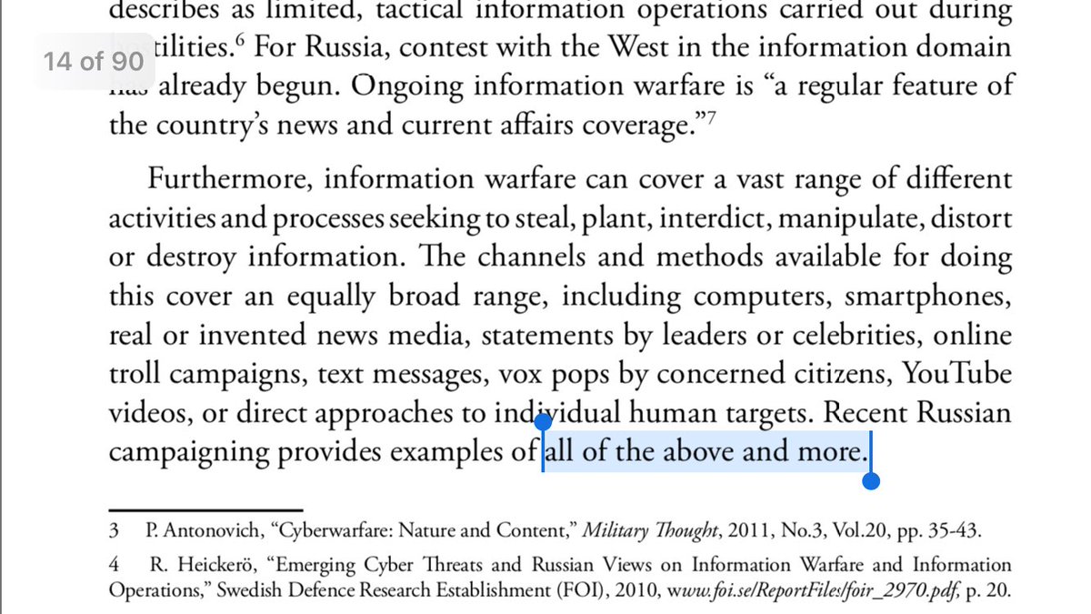 4/ ALL OF THE ABOVE: This “hybrid war” is all encompassing and traditional war lines blurred.Psyops relayed by any memes necessary: smartphones, media, celebs, trolls, bots, leaders(!)...psych pressure, destruction of enemy computers...global networks.