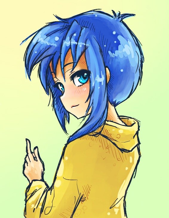 Premium Vector  A cartoon girl with blue hair and a yellow hoodie.