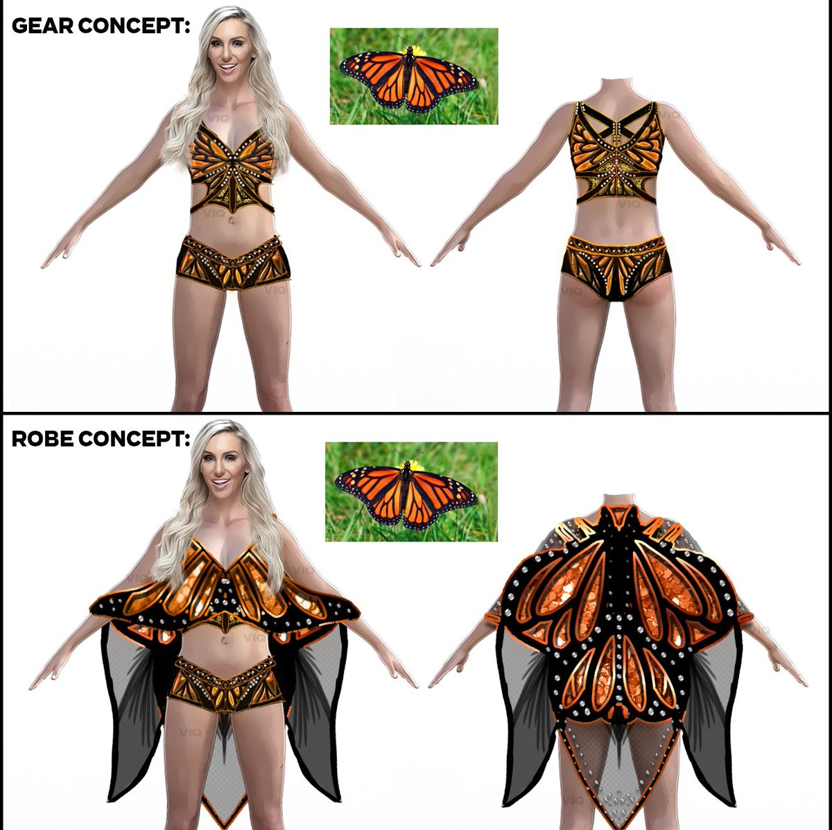 Nightouter's tweet image. Queen. Thoughts on this monarch butterfly inspired gear design? 🦋@MsCharlotteWWE @redheadedstitch