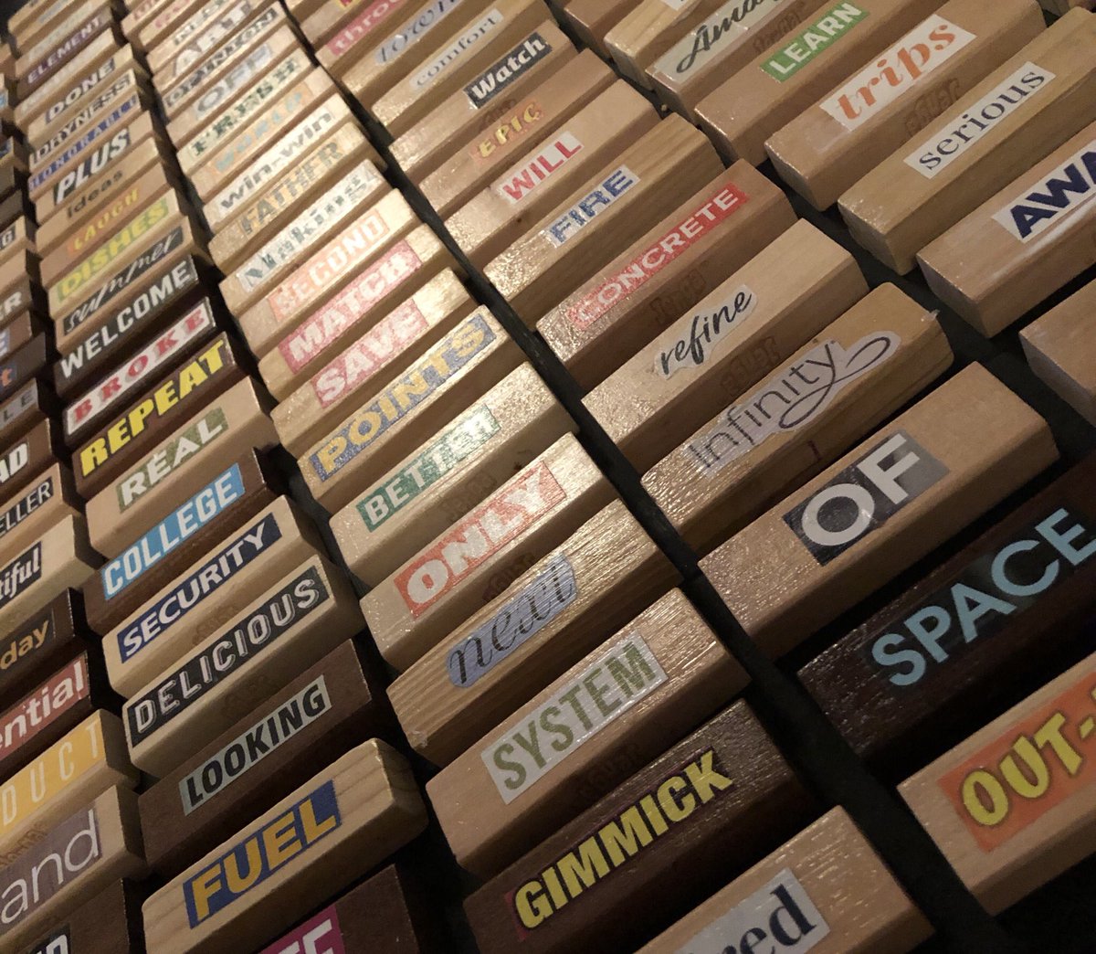 PaulWHankins's tweet photo. Can you see the possibilities? This is what over two hundred and twenty-five @JENGA blocks look like freshly coated and readied for use (read: purposeful poetic play) within our #WCCSPD19 session this week. #BlockheadPoet #BlockheadPoetry #Room407 #THIS407 https://t.co/Wn2bML0jnf