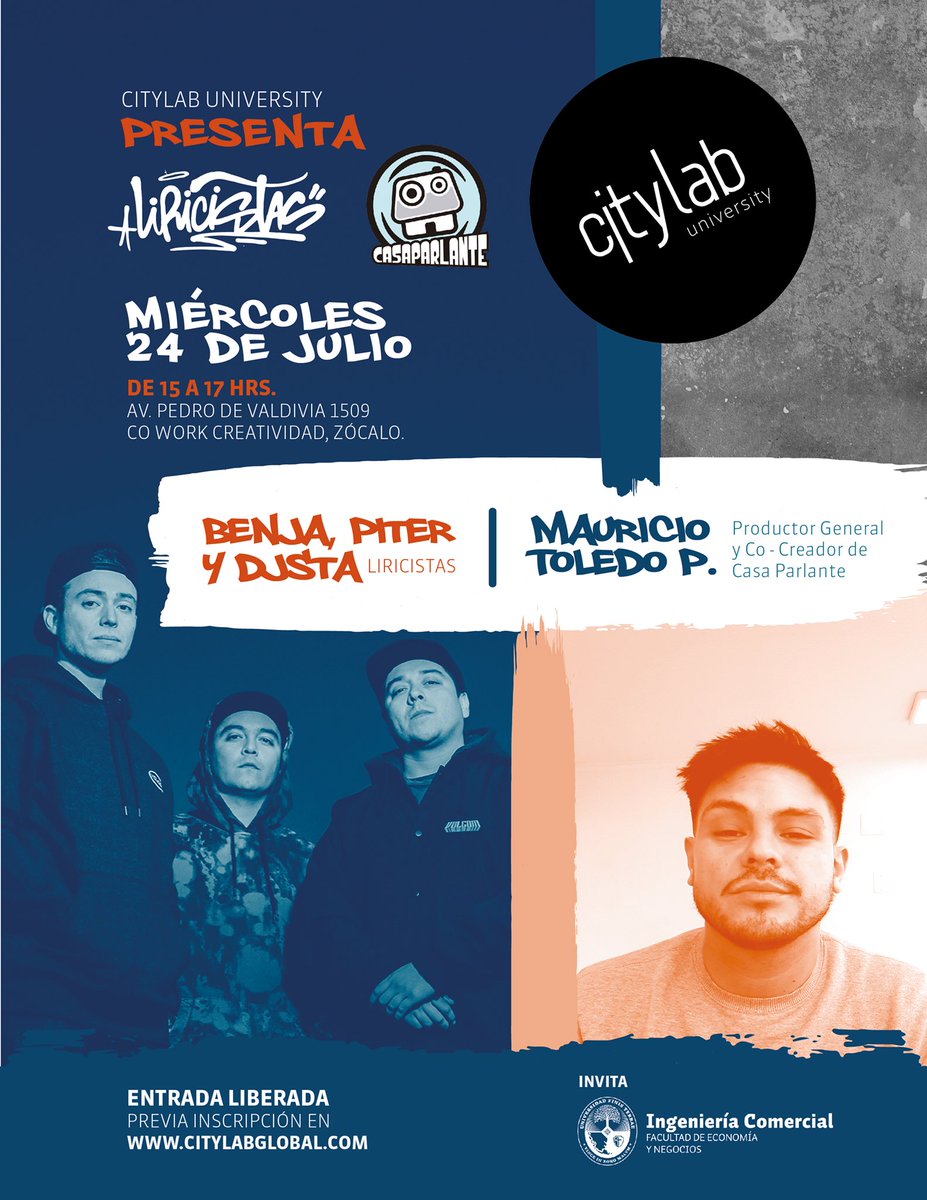 Invitamos a todos los jóvenes!! De Media y a los universitarios a esta tremendo encuentro! Miércoles 24 de Julio 15 hrs! Entrada Liberada previa inscripción en citylabglobal.com Liricistas y Mauro productor y co-fundador de Casa Parlante!! En #citylabuniversity
