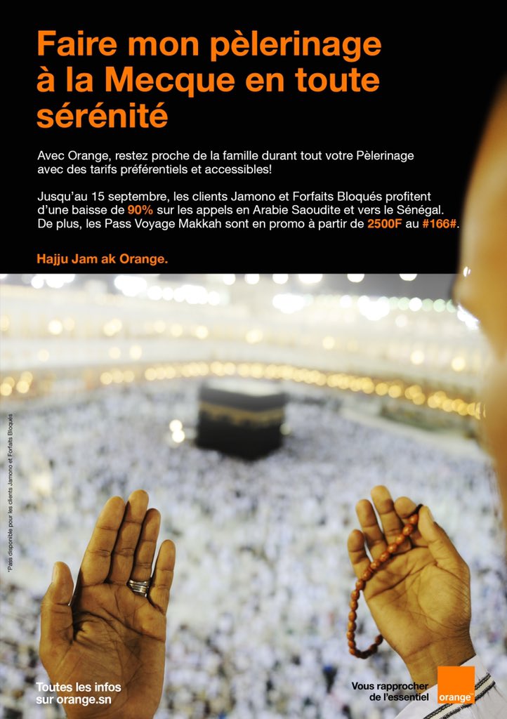Jusqu’au 15 septembre, une baisse de 90% sur les appels en Arabie Saoudite et vers le Sénégal, la réception d’appels à 20F/mn et les appels à 150F/mn. Les Pass Voyage Makkah à partir de 2500F au #166# et avez la possibilité de souscrire pour un pèlerin en Arabie Saoudite.