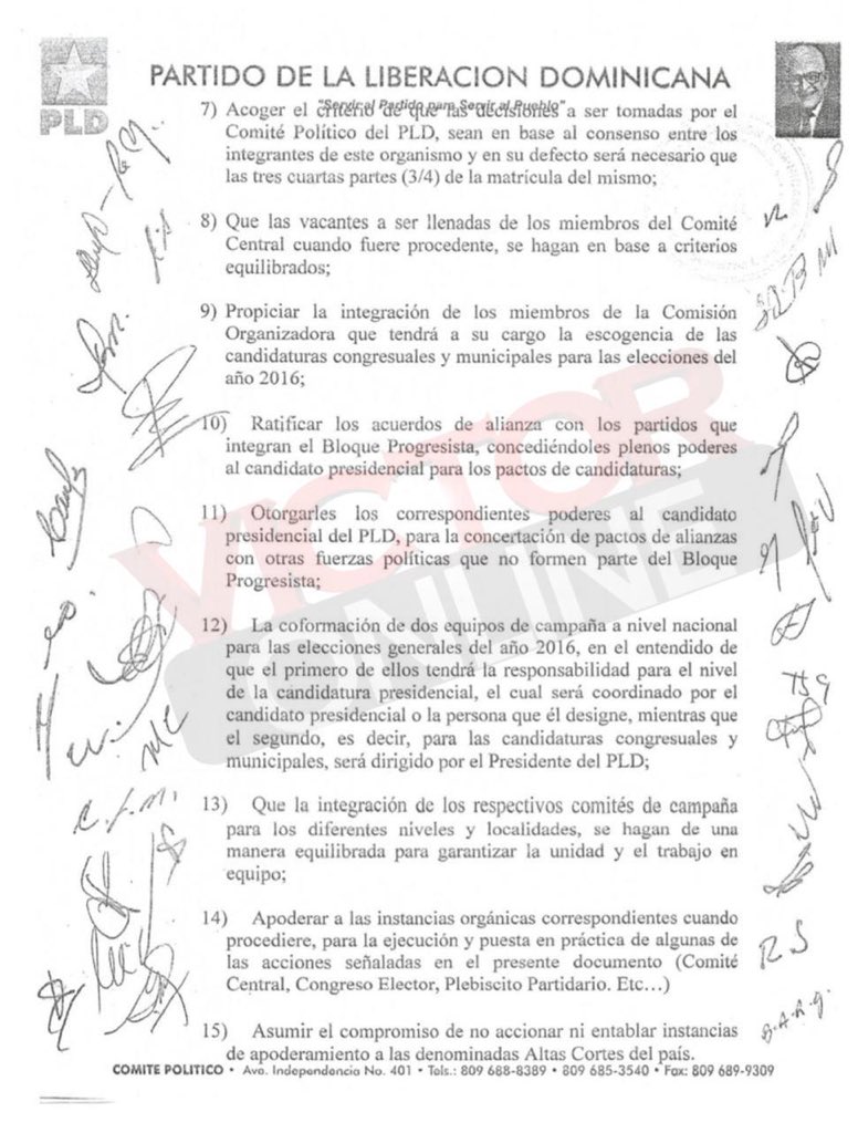 VGomezCasanova's tweet photo. Aquí está el Acuerdo Político firmado en el 2015 por los Miembros del Comité Político del @PLDenlinea Por favor señalar en qué parte dice que el Presidente @DaniloMedina no puede presentarse nuevamente como Candidato a la Presidencia en 2020 #Queelpuebloseaquedecida https://t.co/mgBw7N5PHT