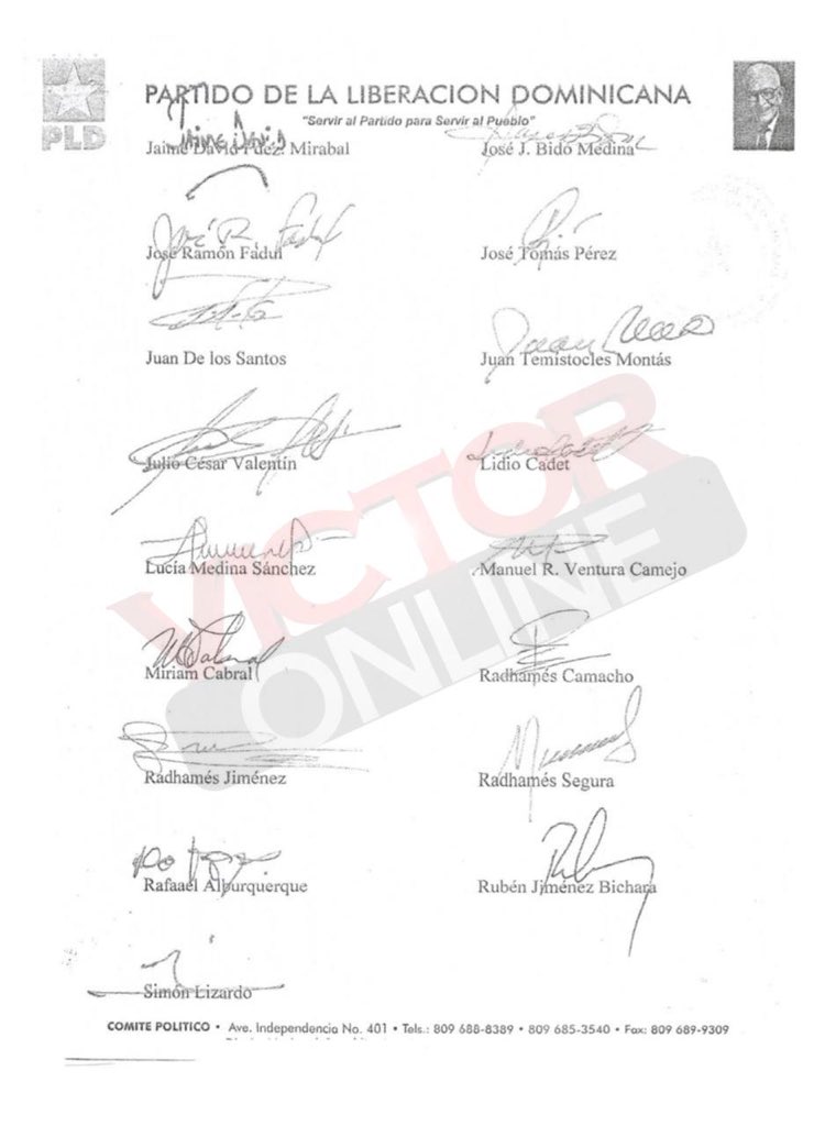 VGomezCasanova's tweet photo. Aquí está el Acuerdo Político firmado en el 2015 por los Miembros del Comité Político del @PLDenlinea Por favor señalar en qué parte dice que el Presidente @DaniloMedina no puede presentarse nuevamente como Candidato a la Presidencia en 2020 #Queelpuebloseaquedecida https://t.co/mgBw7N5PHT
