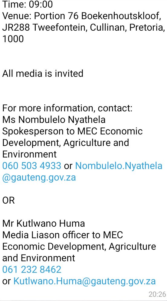 Attn: All Media
 
Tomorrow I will be visiting Yarena Chicken abattoir in Cullinan, Tshwane. 

Details are as follows: 
 
Date: 22 July 2019
Time: 09:00
Venue: Portion 76 Boekenhoutskloof, JR288 Tweefontein, Cullinan, Tshwane,1000

#GrowingGautengTogether