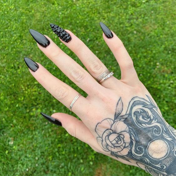 Long Black Stiletto Press On Nails Glossy goth wet look vinyl | eBay