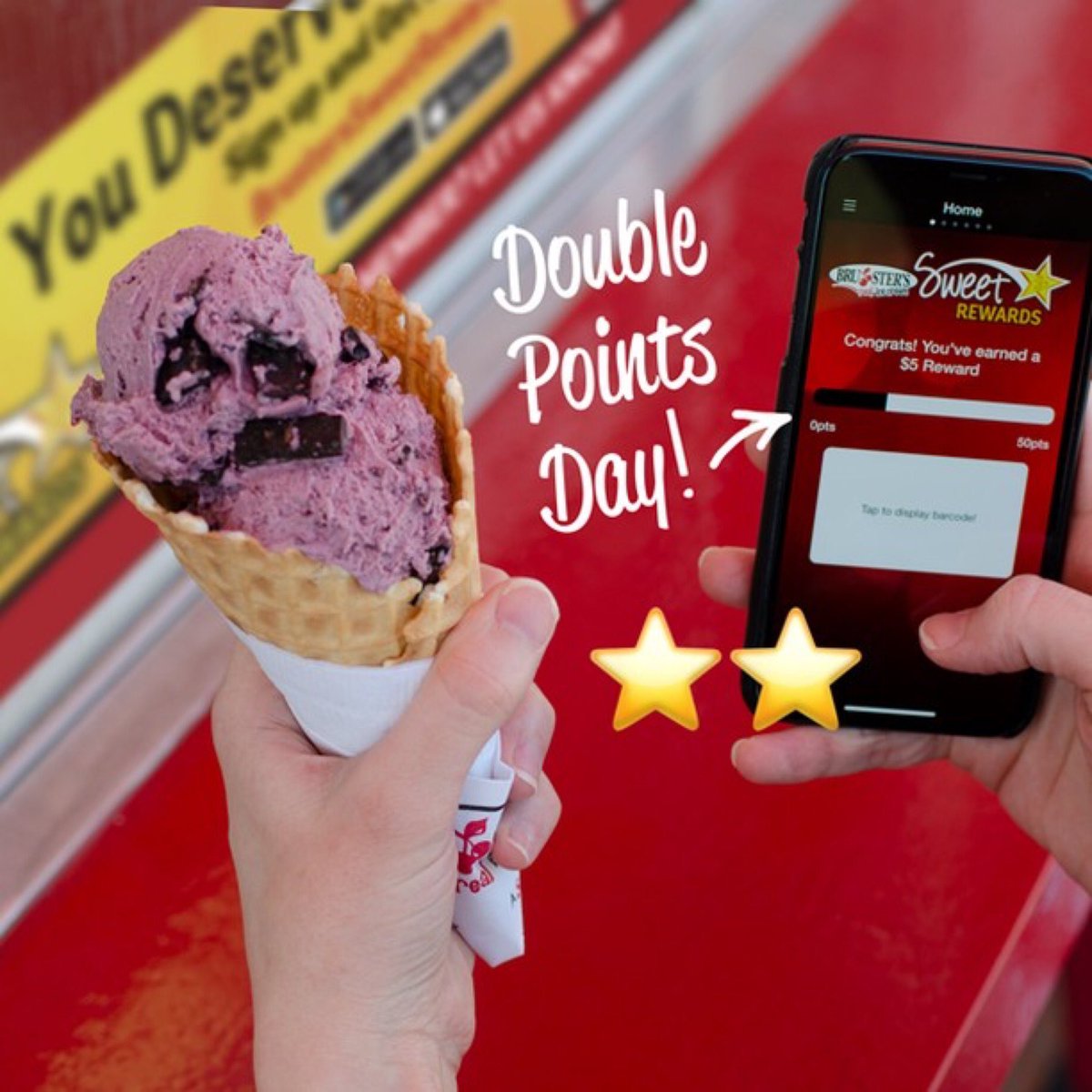 Celebrate #NationalIceCreamDay with double points for loyalty reward members.  Today only!  Sign up for Bruster’s sweat rewards.  🍦😉🍒 #auburn #opelika #Area51 #whynot