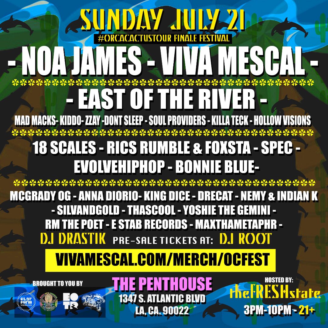 <a href="/VivaMescal/">Viva Mescal</a> <a href="/MadMacks_/">Macks</a> <a href="/kiddohiphop/">Kiddo</a> <a href="/YeahYeahYazzzzz/">ZZAY</a> <a href="/soulprovidersLA/">Soul Providers</a> <a href="/KillaTeck/">Killa Teck</a> <a href="/WhereIsHollow/">WhereIsHollow?</a> <a href="/RicScales/">World B. Freestyle</a> <a href="/KingDiceSays/">MonadFoundation</a> <a href="/thascool/">Kie 🇹🇹</a> <a href="/DJ_Root619/">ROOT (ALL CAPS)</a> <a href="/RMthePoet/">Robert</a> <a href="/DjDrastik/">Drastik</a> <a href="/drecatmusic/">DREGATO</a> <a href="/specthekid/">In Spectacular Fashion.</a> <a href="/EvolveHipHop/">TheEvolutionofHipHop</a> 

Get tickets here: bit.ly/orcacatustix
