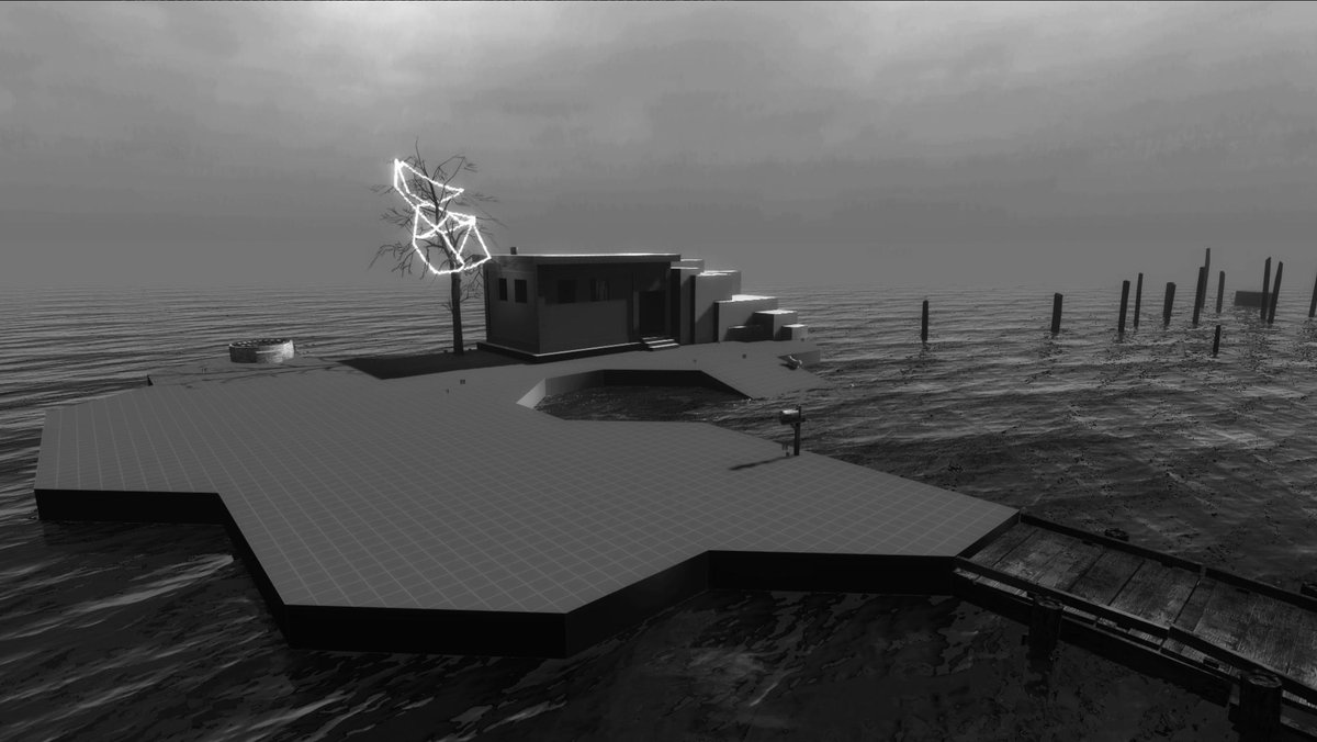 Desolate island with a mailbox and Christmas lights