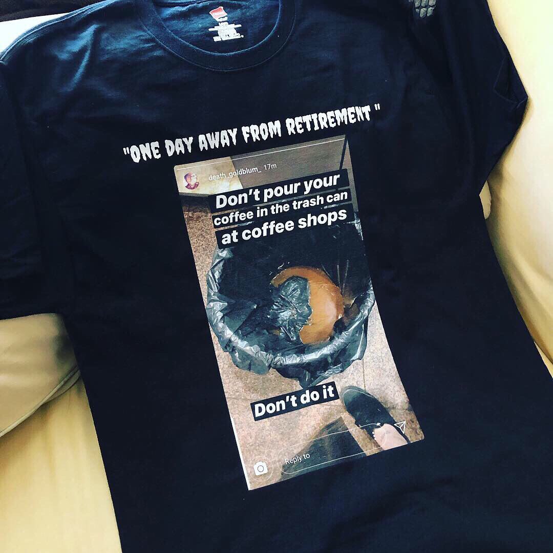 dltsgdomshows's tweet image. Recently finally quit my day job to book shows full time and my good pal @egg_private made me this shirt from my insta story the day before I quit. Coincidentally this is the first dltsgdom shirt (1/1) #raremerch 
•
•
Also don’t pour your coffee in the trash can at coffee shops